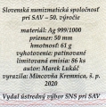 cerifikát ku striebornej medaile text na hladkej hrane : 50. výročie založenia Slovenskej numizmatickej spoločnosti