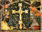 Císař a král Karel IV. s manželkou pozdvihují kříž