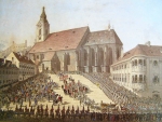 Eduard Gurk, Príchod korunovačného sprievodu Karolíny Augusty do Dómu svätého Martina v Bratislave 25. septembra 1825, 1825, kolorovaná akvatinta, Gal